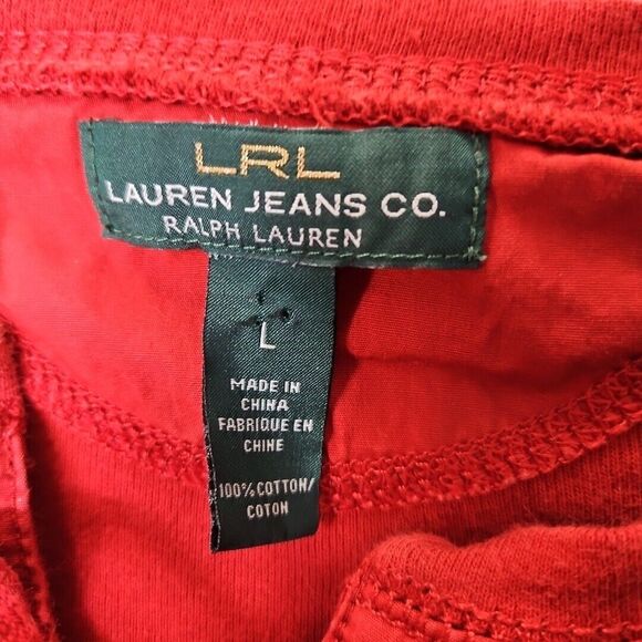 Lauren Ralph Lauren Women's Sz Lg Red Cotton Top 3/4 sleeve lace up - Picture 3 of 11